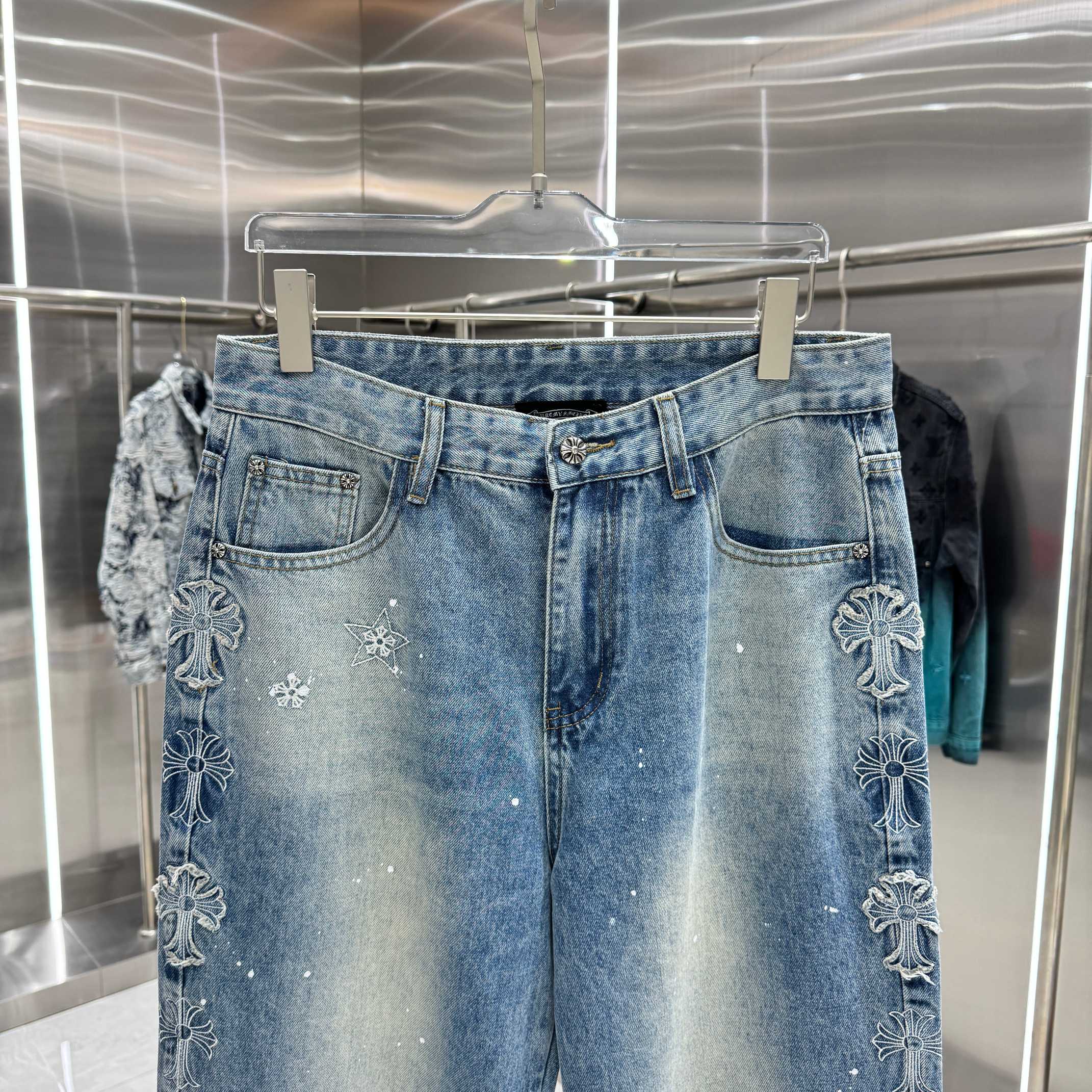 Chrome Hearts 克罗心 CH 重工涂层十字架刺绣牛仔裤面料纱定加密粗左斜纹牛仔布长裤