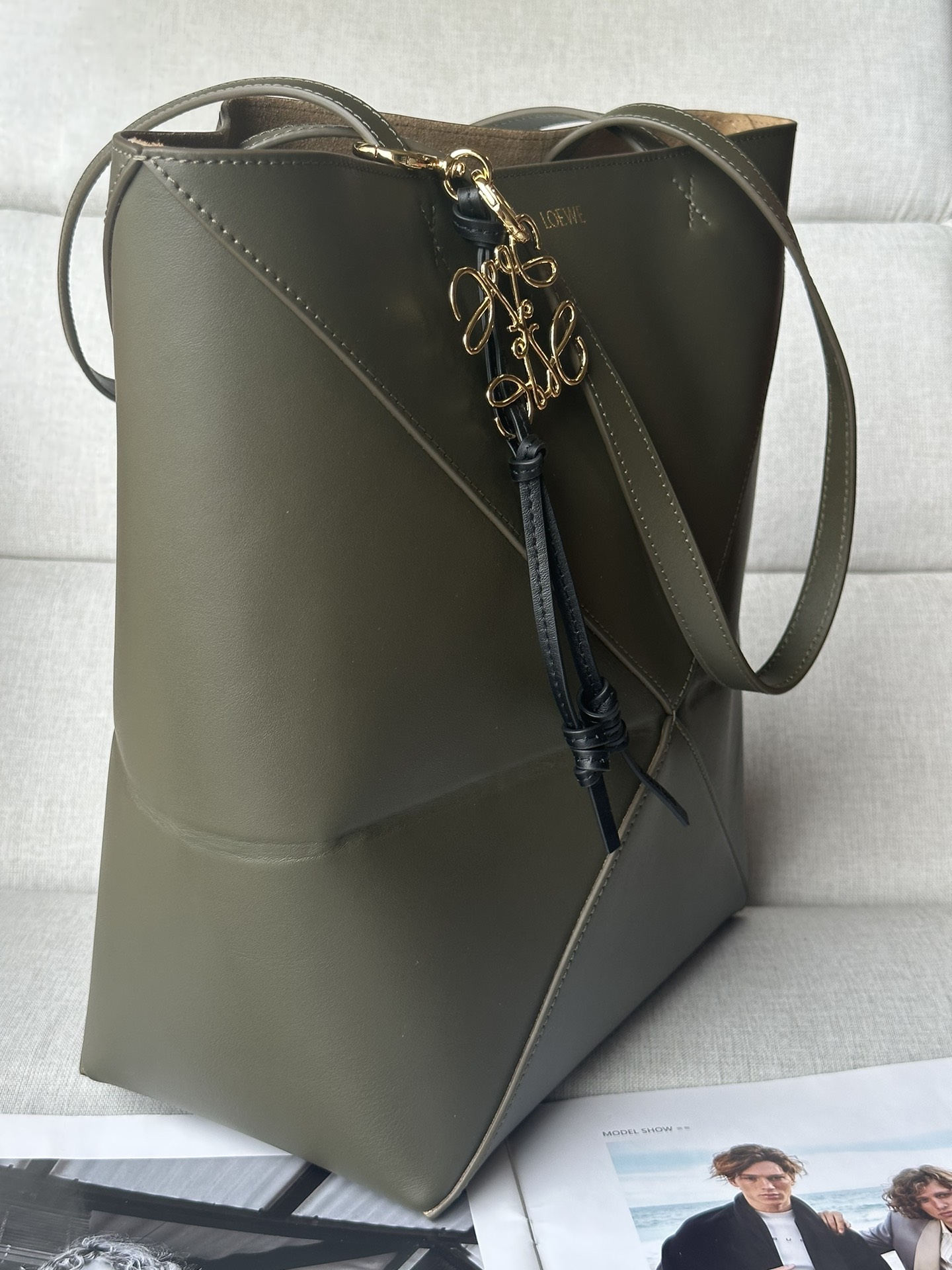 LOEWE Puzzle Fold Small Tote Bag in Khaki Green Leather with Charm 6 i1729235434 2106 3