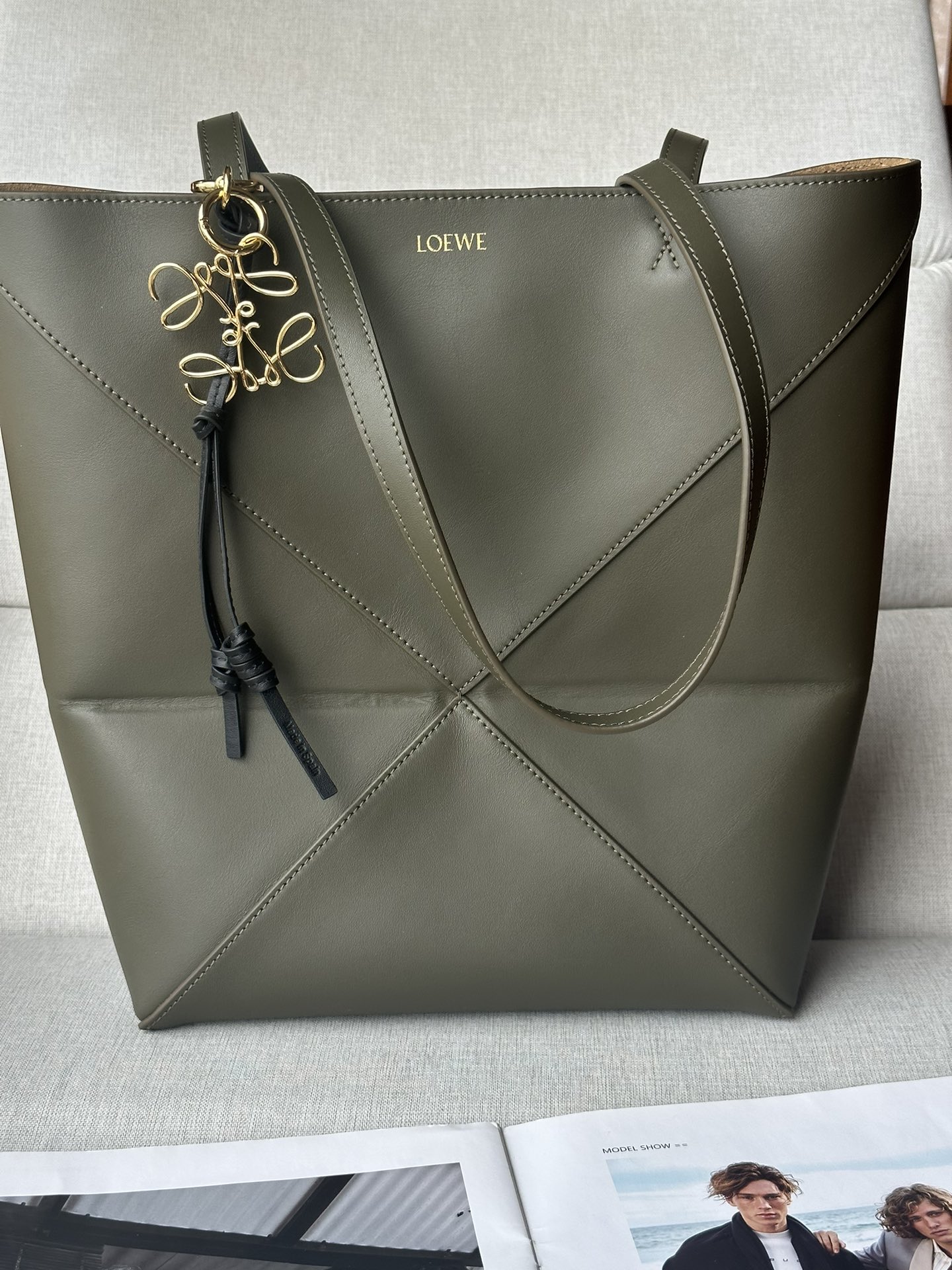 LOEWE Puzzle Fold Small Tote Bag in Khaki Green Leather with Charm 2 i1729235434 6317 5
