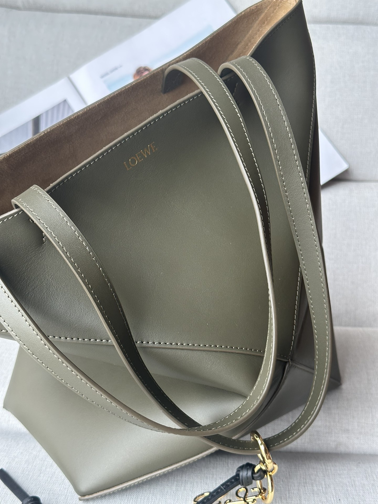 LOEWE Puzzle Fold Small Tote Bag in Khaki Green Leather with Charm 9 i1729235434 9523 1