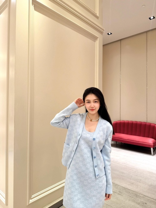 Gucci Women's Blue Knit Cardigan and Dress Set with Subtle Logo Pattern 1 Gucci Women's Blue Knit Cardigan and Dress Set with Subtle Logo Pattern