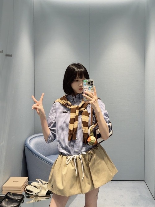 Miu Miu Blue Checkered Button-Down Shirt with Logo - Contemporary Style 1 Miu Miu Blue Checkered Button-Down Shirt with Logo - Contemporary Style