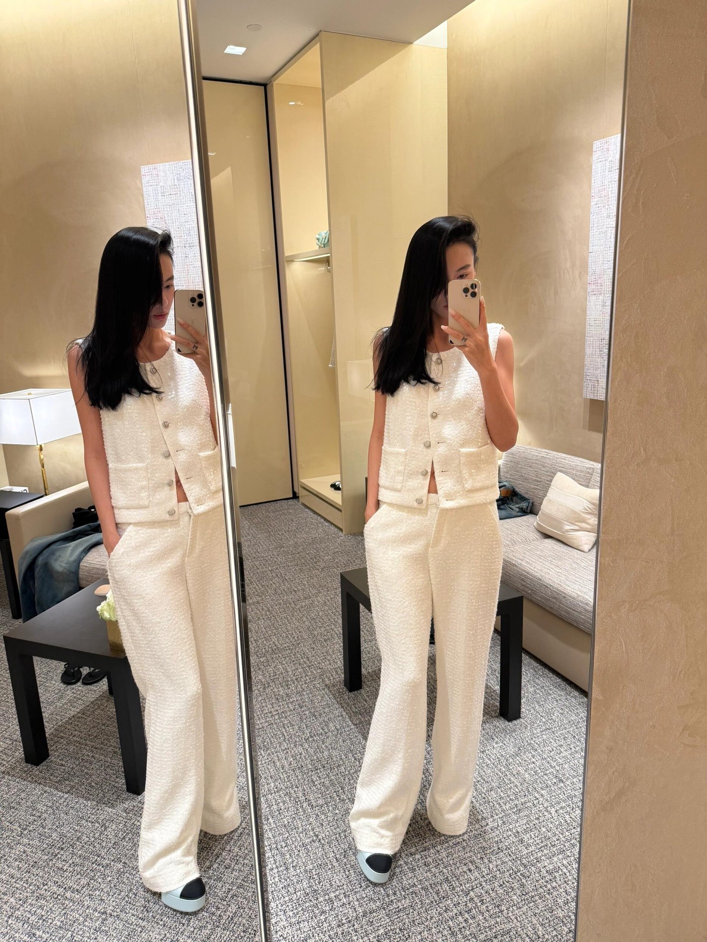 NO:422404,Chane* 25s spring and summer new style, sequin thick flower ny vest jacket | Exclusive yb development!  High-end production!  Customized cotton yarn blended woven fabric, with square beads hanging on the surface, blingbling blingbling is so eye-catching. Paired with retro and unique silver diamond buttons, the simple and not simple design reveals slackness behind the body, and its design does not lose the formality and elegance of the jacket. S/M/L, chanel, jackets & coats, alexander wang19860909Chane* 25s春夏新款 亮片粗花尼马甲外套丨独家yb开发！高版出品！定制棉纱混纺编织面料,表面挂满方形珠片blingbling好亮眼.搭配上复古独特的银钻纽扣,简约不简单的设计上身后精致中透露着松弛,它的设计不失外套的正式与优雅.现货发售S/M/L,,chanel,jackets & coats,alexander wang,Women's clothing