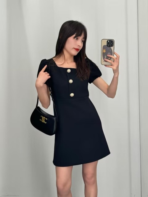 Celine Mini Dress with Rhinestone Buttons - Elegant Wool Blend, Black 1 Celine Mini Dress with Rhinestone Buttons - Elegant Wool Blend, Black