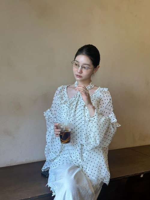 Polka Dot Ruffle Long Sleeve Sunscreen Top Two-Piece Set 1 Polka Dot Ruffle Long Sleeve Sunscreen Top Two-Piece Set