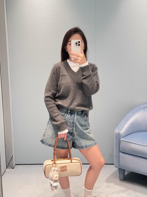 Miu Miu Gray V-Neck Knit Sweater with Logo & Ribbed Trim 1 Miu Miu Gray V-Neck Knit Sweater with Logo & Ribbed Trim