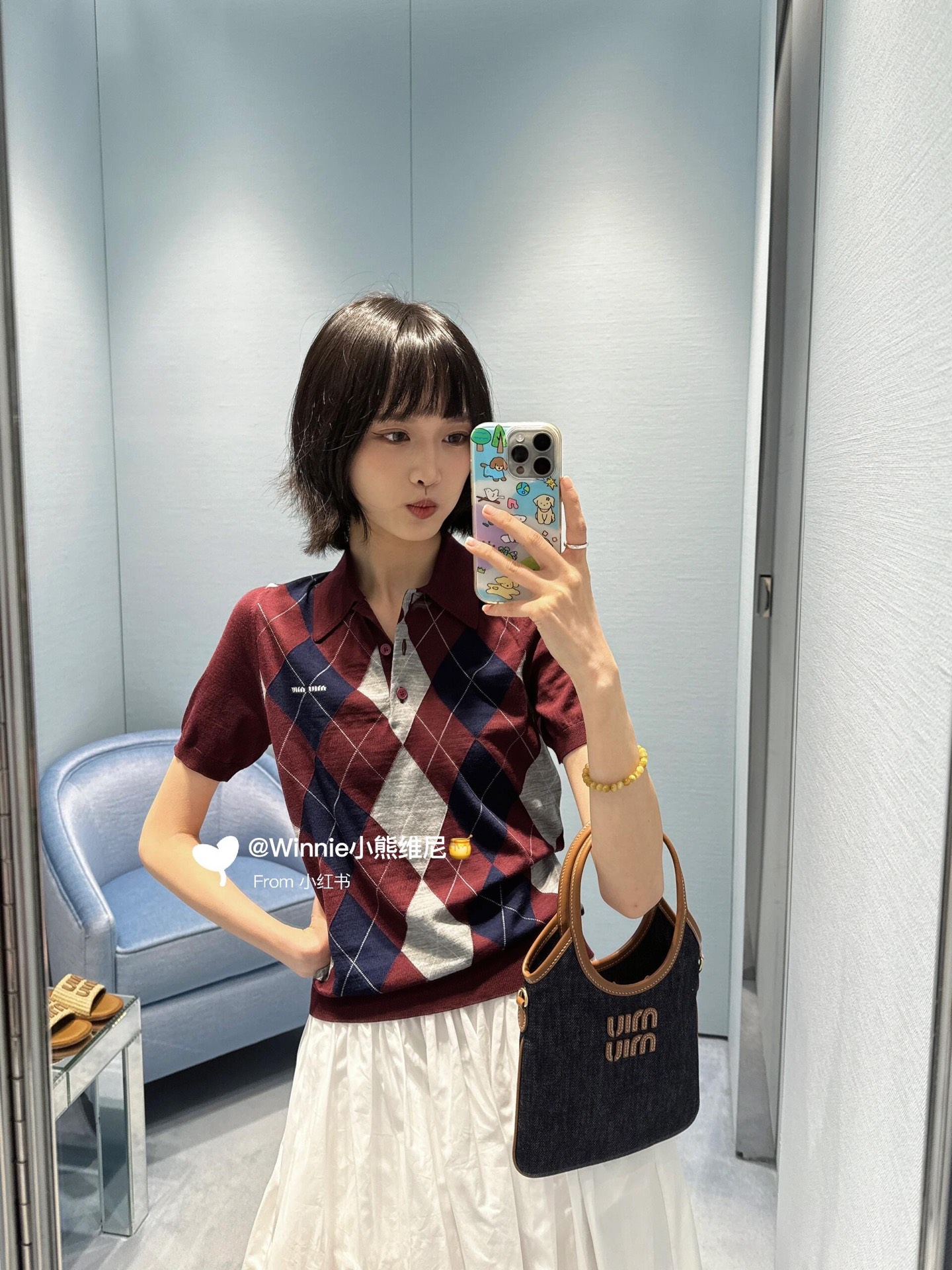 Miu Miu Women's Red Argyle Cashmere Polo Short Sleeve Top