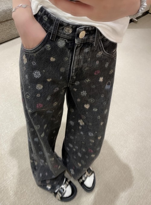 Chanel 25B Graffiti Wide Leg Jeans Black Gray High-Waisted Denim Pants 1 Chanel 25B Graffiti Wide Leg Jeans Black Gray High-Waisted Denim Pants
