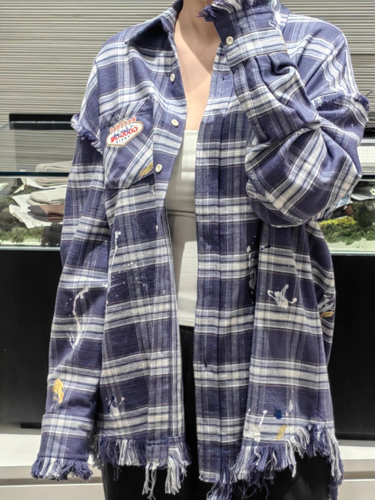 Plaid Long Sleeve Shirt with Distressed Details and Paint Splatter Design 8 i1757743820291 4171 0 6
