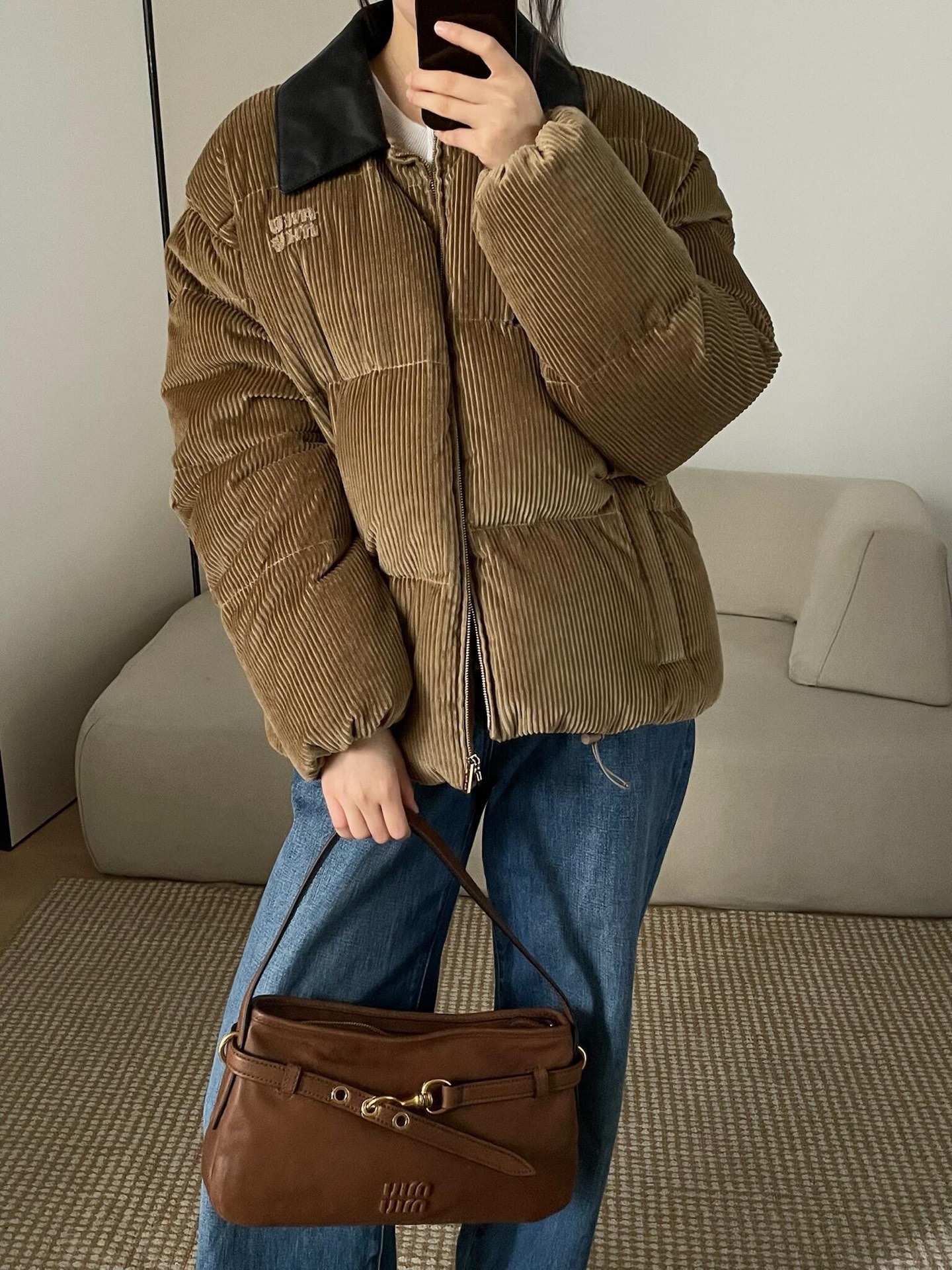 Miu Miu Corduroy Down Jacket with Leather Collar, Oversized Fit