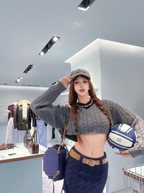 Miu Miu Cable Knit Cropped Wool-Blend Sweater, V-Neck, Long Sleeves 1 Miu Miu Cable Knit Cropped Wool-Blend Sweater, V-Neck, Long Sleeves
