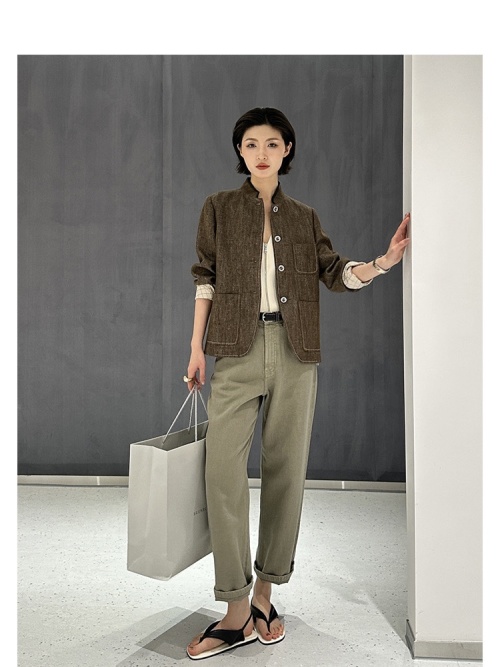 Elegant Women's French Linen Brown Jacket with Mandarin Collar 1 Elegant Women's French Linen Brown Jacket with Mandarin Collar