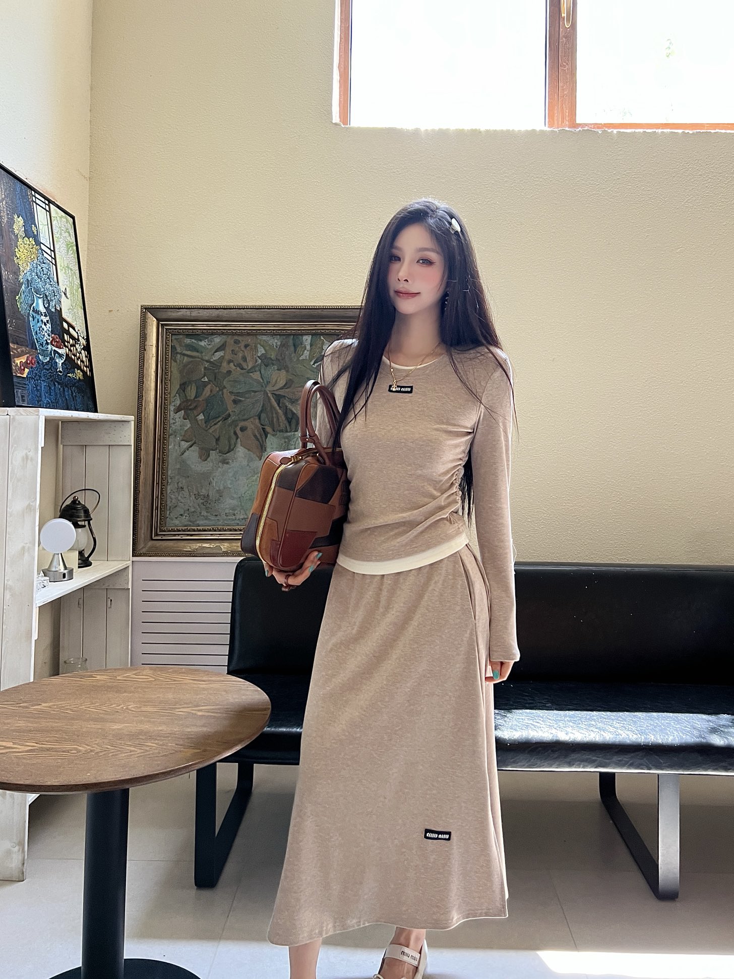 Miu Miu Two-Piece Set: Round Neck Top and A-Line Slit Skirt - Relaxed Fit