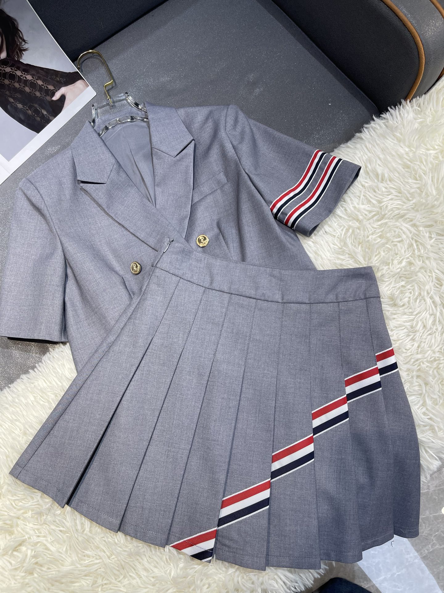 Thom Browne Style Blazer and Pleated Skirt Set with Striped Pattern 5 i1739529349671 835 0 4