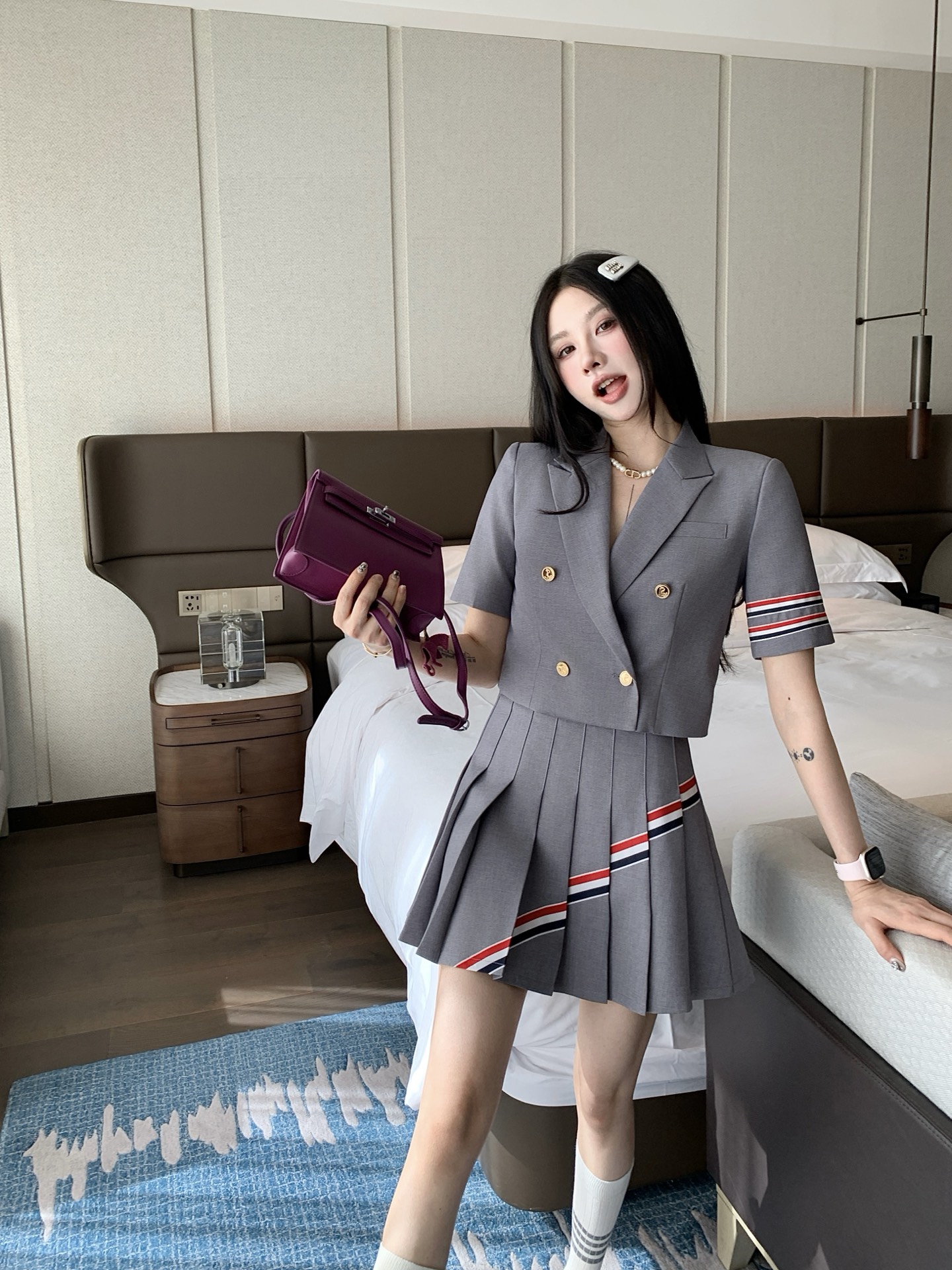 Thom Browne Style Blazer and Pleated Skirt Set with Striped Pattern 2 i1739529351733 203 0 1