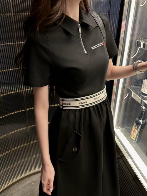 Miu Miu Black Polo Collar Mini Dress with Logo Waistband - Spring/Summer 1 Miu Miu Black Polo Collar Mini Dress with Logo Waistband - Spring/Summer