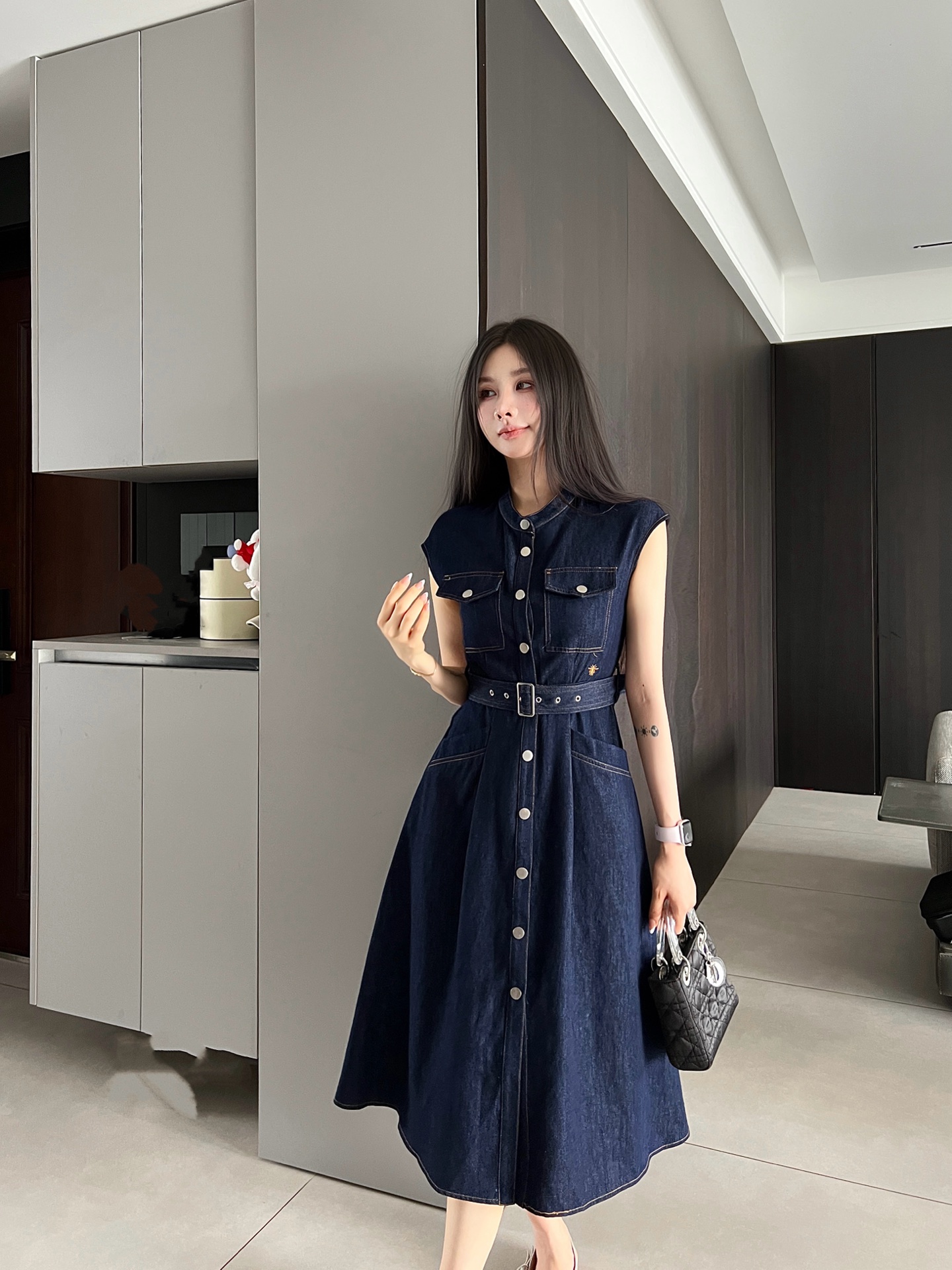 Dior Sleeveless Denim Midi Dress with Belt and Bee Embroidery