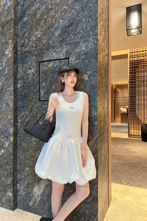 Prada Sleeveless Mini Dress with Triangle Logo and Bubble Hem - Summer Style 1 Prada Sleeveless Mini Dress with Triangle Logo and Bubble Hem - Summer Style