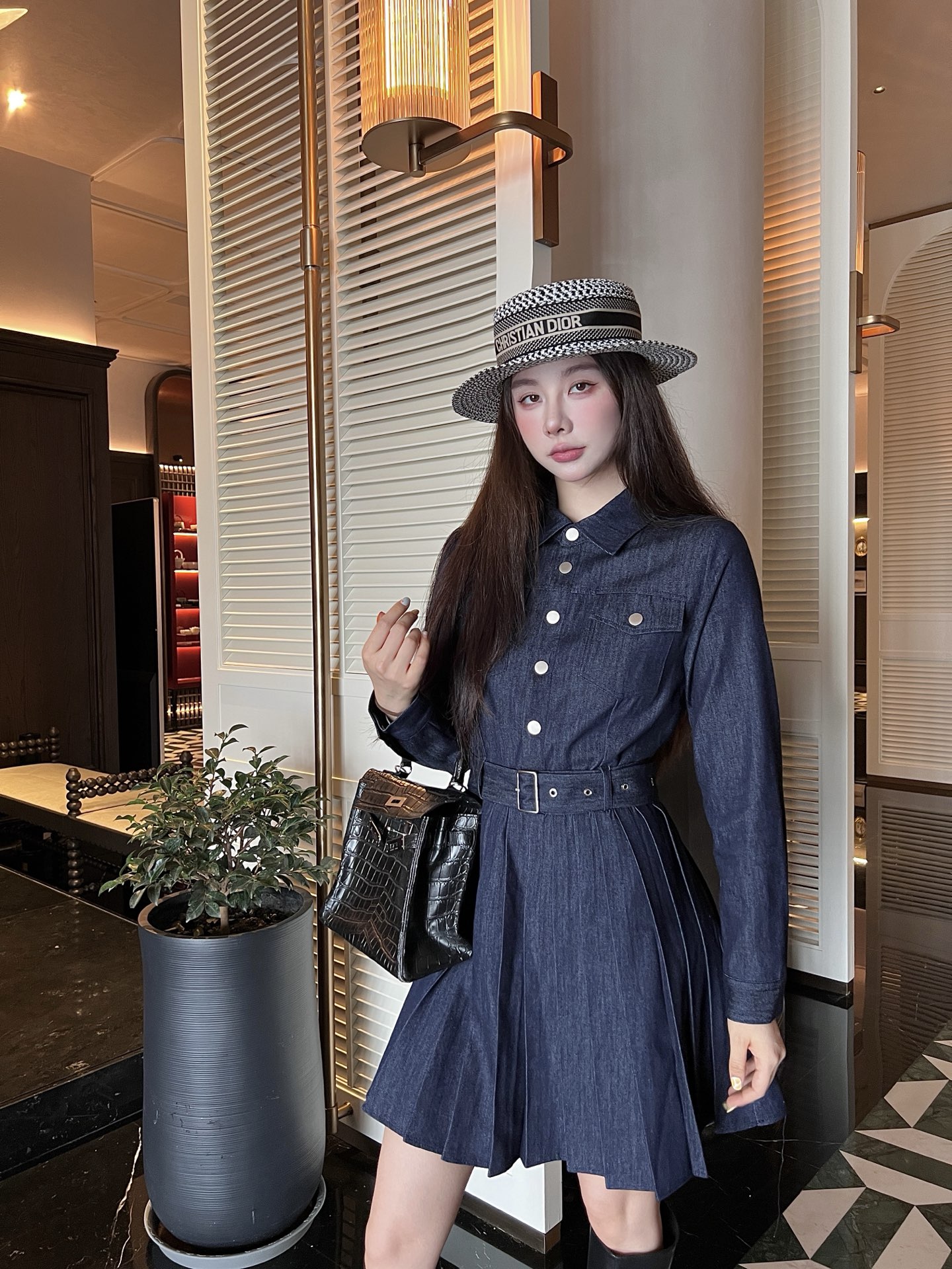 Miu Miu 2025 Autumn Long Sleeve Denim Dress with Pleated Skirt and Belt