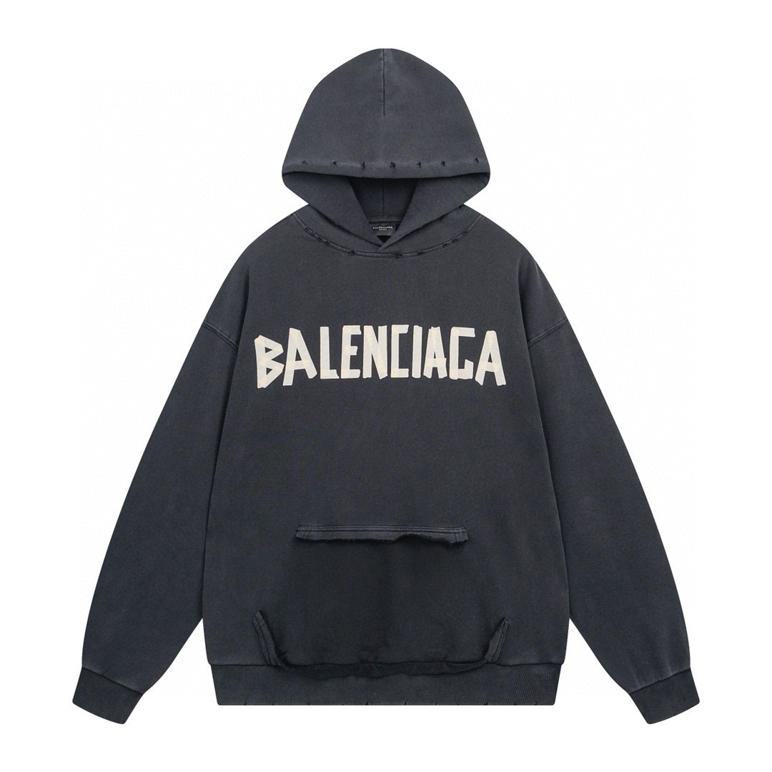 Balenciaga 2025 SS Classic Distressed Logo Print Hoodie - Washed Black