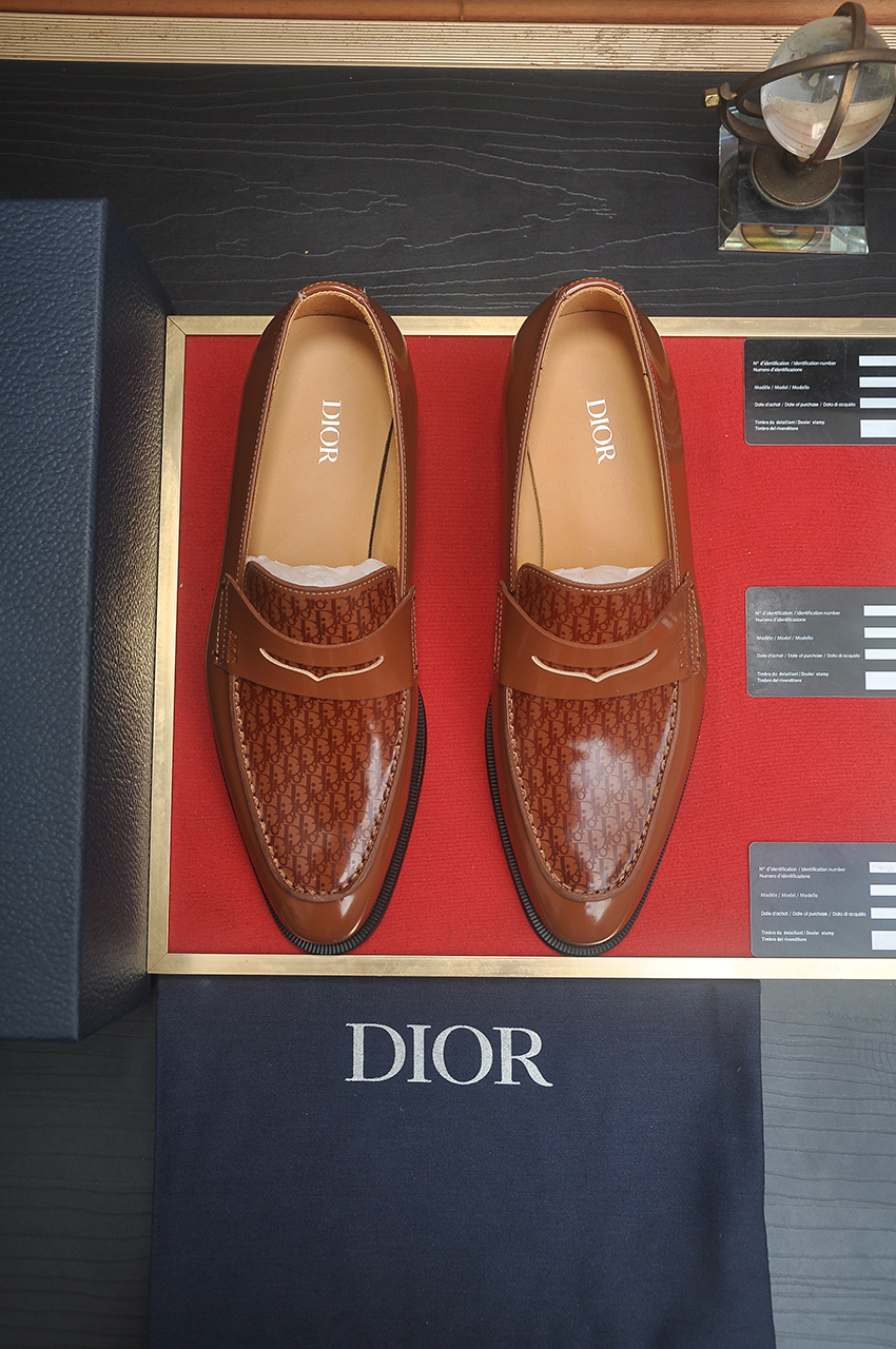 Dior Brown Leather Penny Loafers with Oblique Motif, Size 38-44