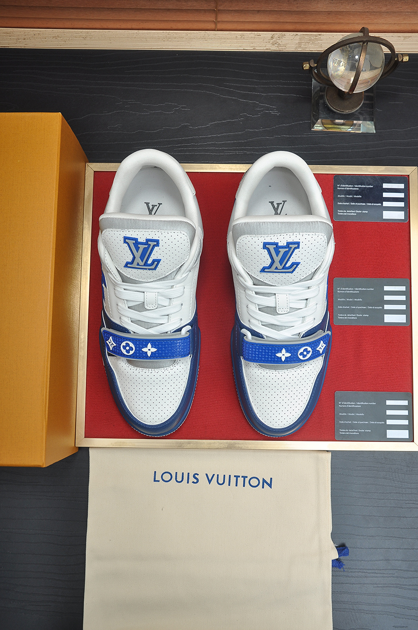 Louis Vuitton Trainer Maxi Sneakers White/Blue Leather, Monogram Accents 3 i1742578146022 9992 0 1