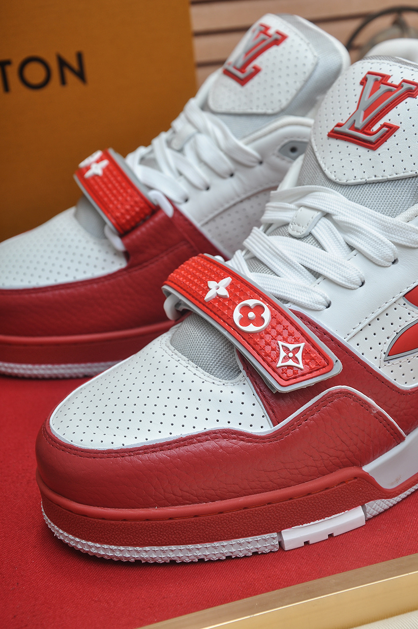 Louis Vuitton Trainer Maxi Sneakers Red and White Leather, Monogram Flowers 9 i1742578170004 2149 0 7
