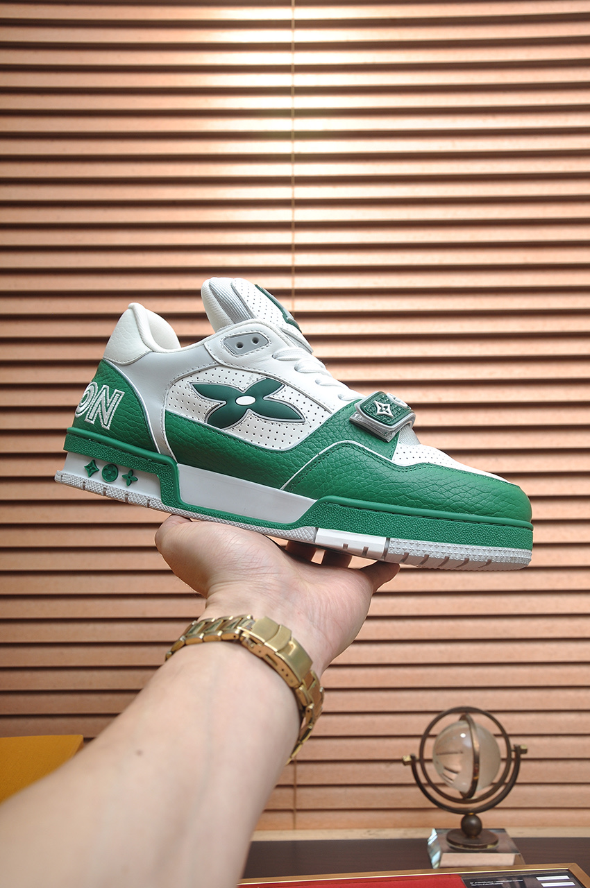 Louis Vuitton Trainer Maxi Sneakers White Green Leather Monogram,Limited Edition