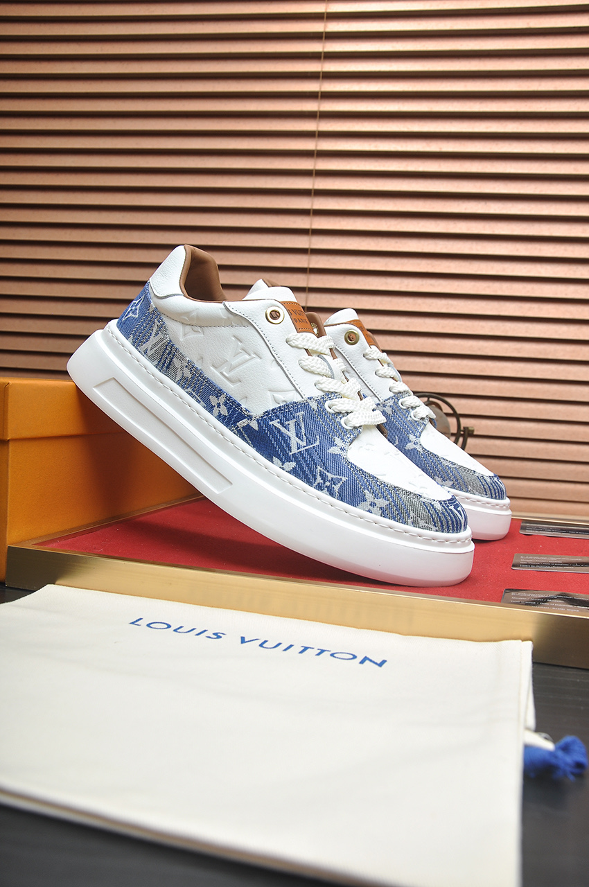 Louis Vuitton Men's LV Trainer Sneaker in White & Blue Monogram Denim 4 i1742927337660 872 0 2