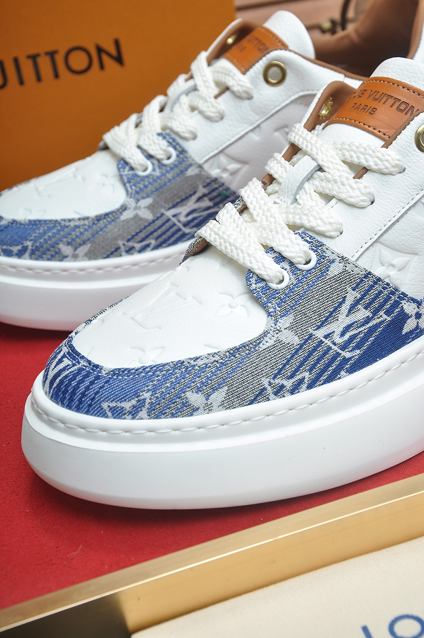 Louis Vuitton Men's LV Trainer Sneaker in White & Blue Monogram Denim 9 i1742927337666 4626 0 7