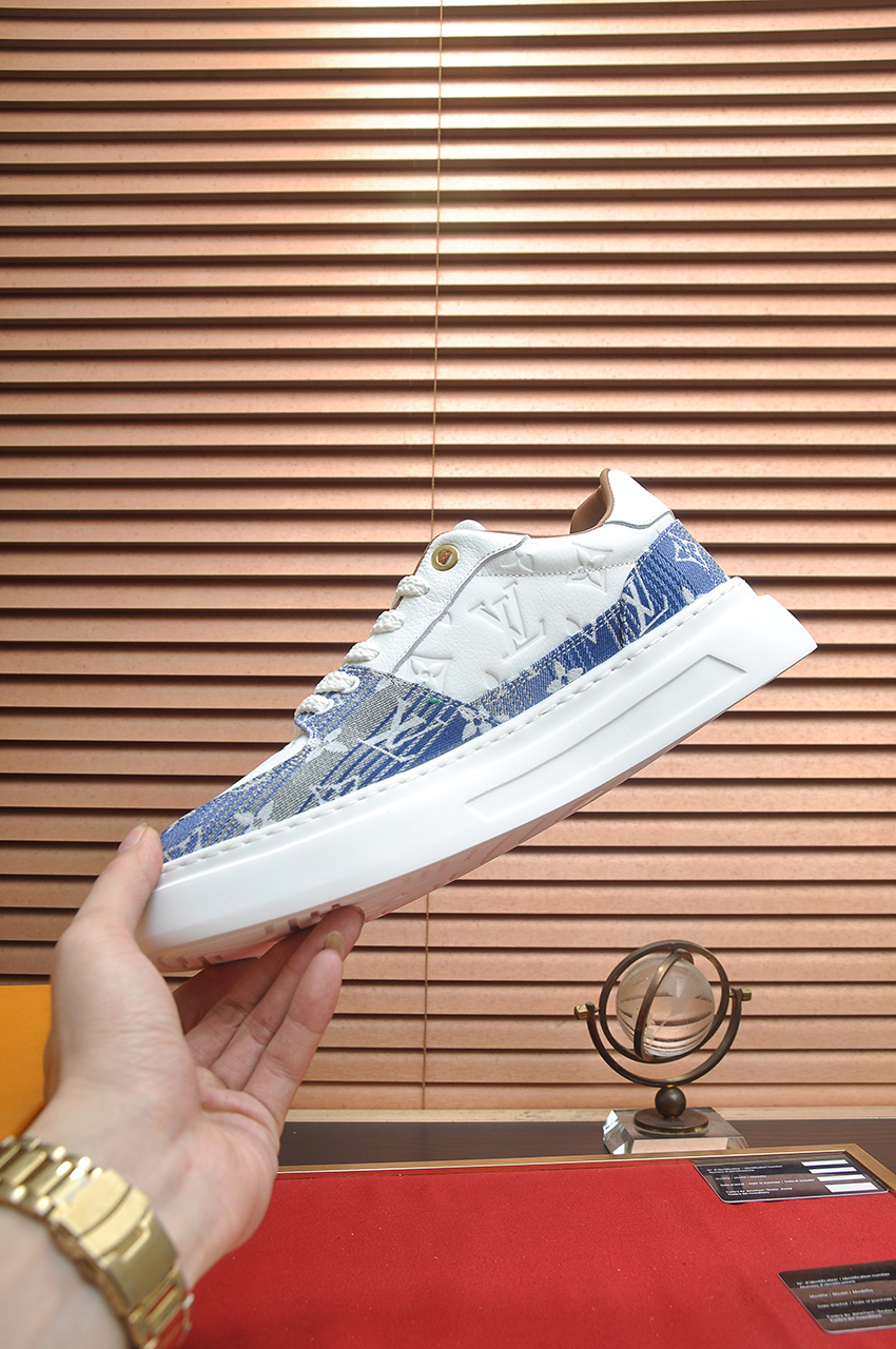 Louis Vuitton Men's LV Trainer Sneaker in White & Blue Monogram Denim 6 i1742927338390 6632 0 4