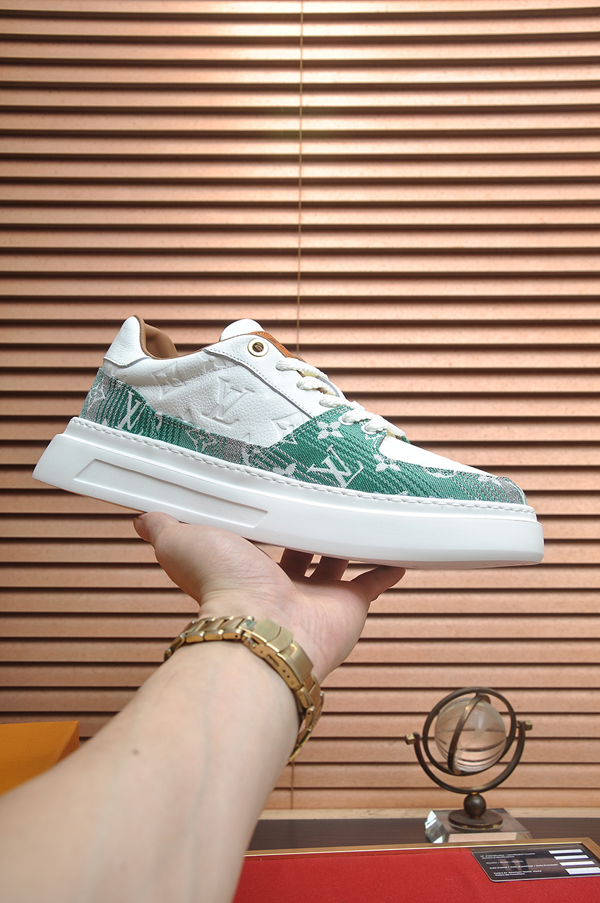 Louis Vuitton Men's White Leather and Green Monogram Low-Top Sneakers