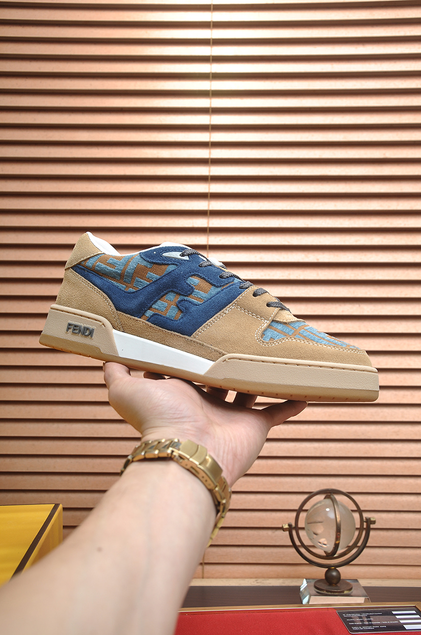 Fendi Match Sneakers Couple Style Silk Leather Breathable Net, Beige/Blue 1 Fendi Match Sneakers Couple Style Silk Leather Breathable Net, Beige/Blue