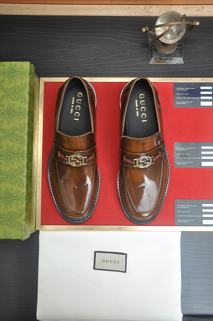 Gucci Men's Leather Loafers with Enamel Double G - Brown 1 Gucci Men's Leather Loafers with Enamel Double G - Brown
