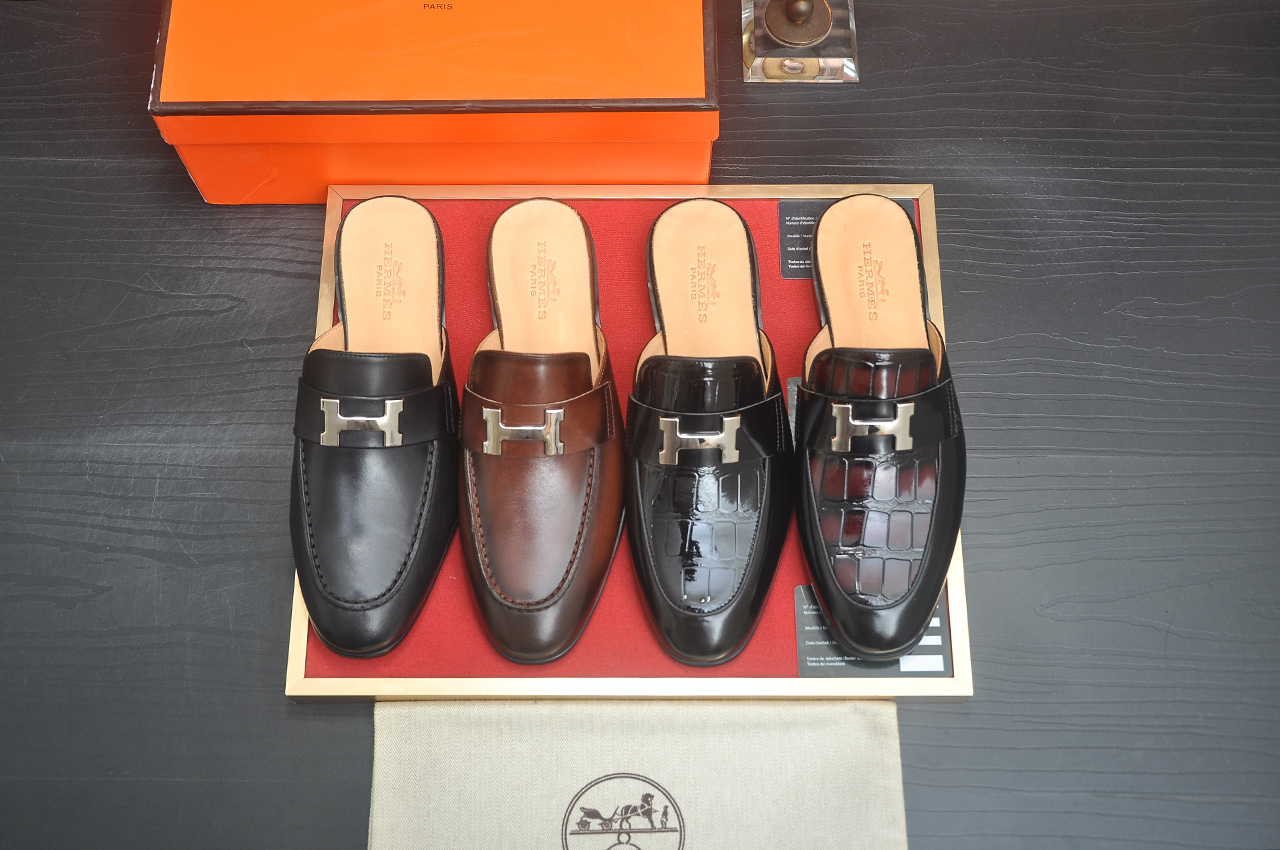 Hermes Men's Fashion Casual Leather Mules Sandals, Size 38-44 EU 6 i1746725038372 2066 0 4