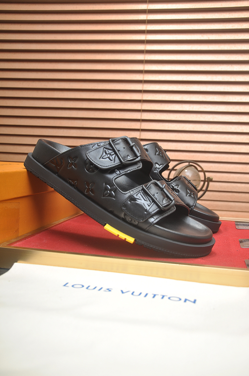 Louis Vuitton Men's Black Leather Monogrammed Buckle Slide Sandals 3 i1746725383213 3290 0 1