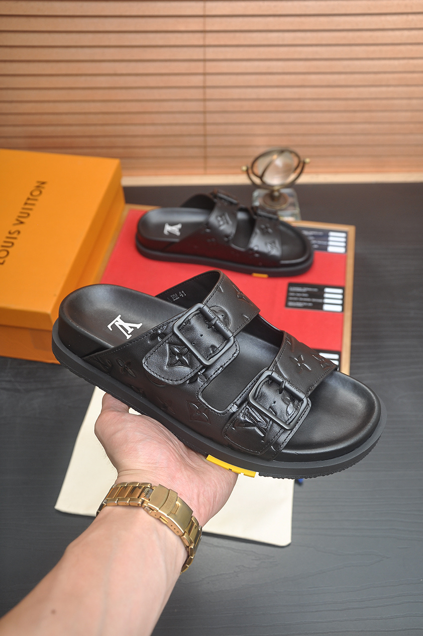 Louis Vuitton Men's Black Leather Monogrammed Buckle Slide Sandals 6 i1746725383215 7435 0 4