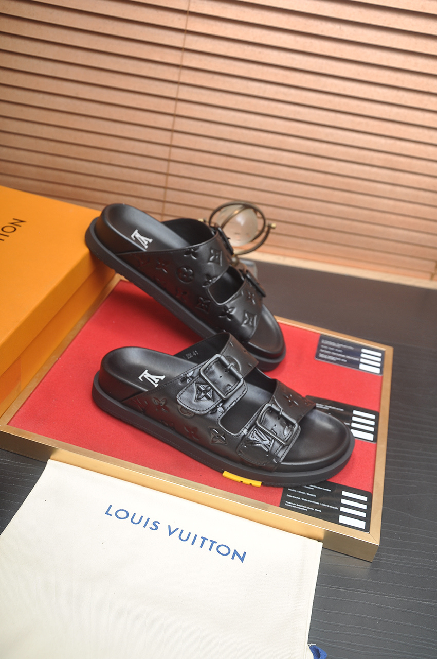 Louis Vuitton Men's Black Leather Monogrammed Buckle Slide Sandals 8 i1746725383217 1054 0 6