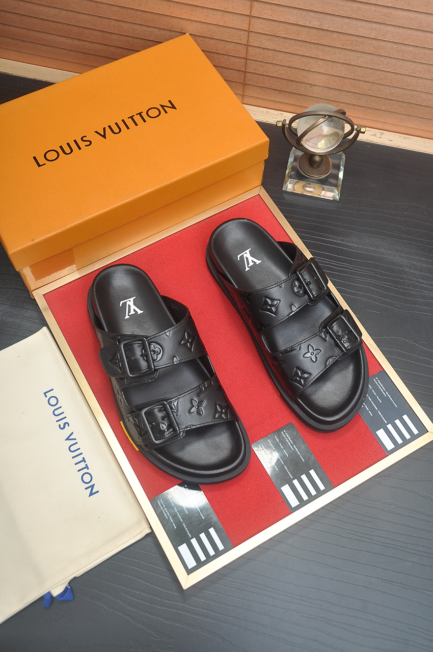 Louis Vuitton Men's Black Leather Monogrammed Buckle Slide Sandals 5 i1746725383225 2205 0 3