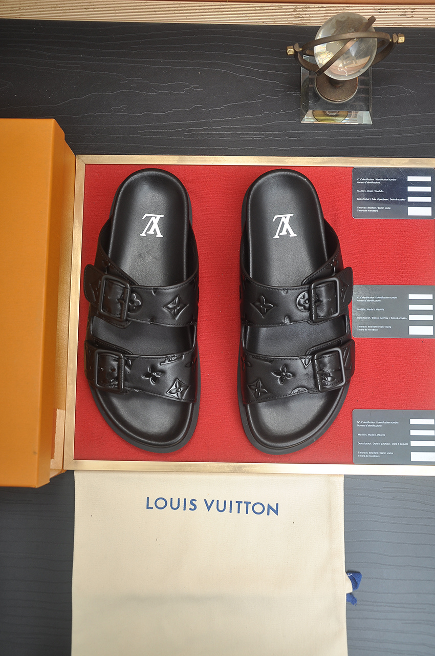 Louis Vuitton Men's Black Leather Monogrammed Buckle Slide Sandals 2 i1746725383236 9958 0 0
