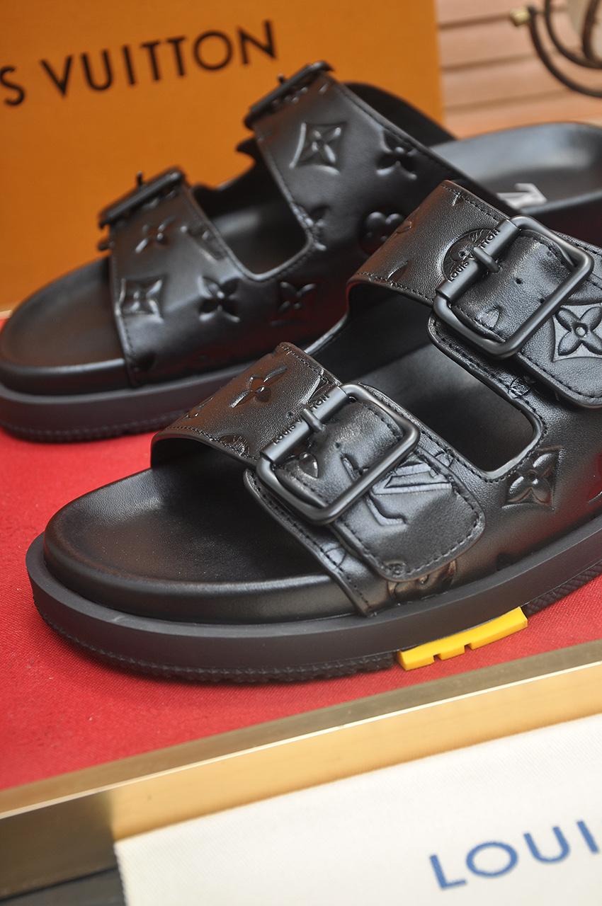 Louis Vuitton Men's Black Leather Monogrammed Buckle Slide Sandals 10 i1746725383998 1675 0 8