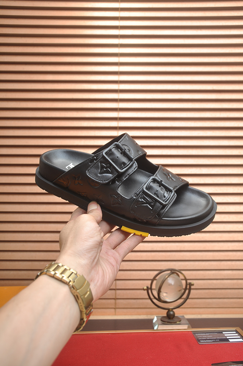 Louis Vuitton Men's Black Leather Monogrammed Buckle Slide Sandals 7 i1746725384000 6764 0 5