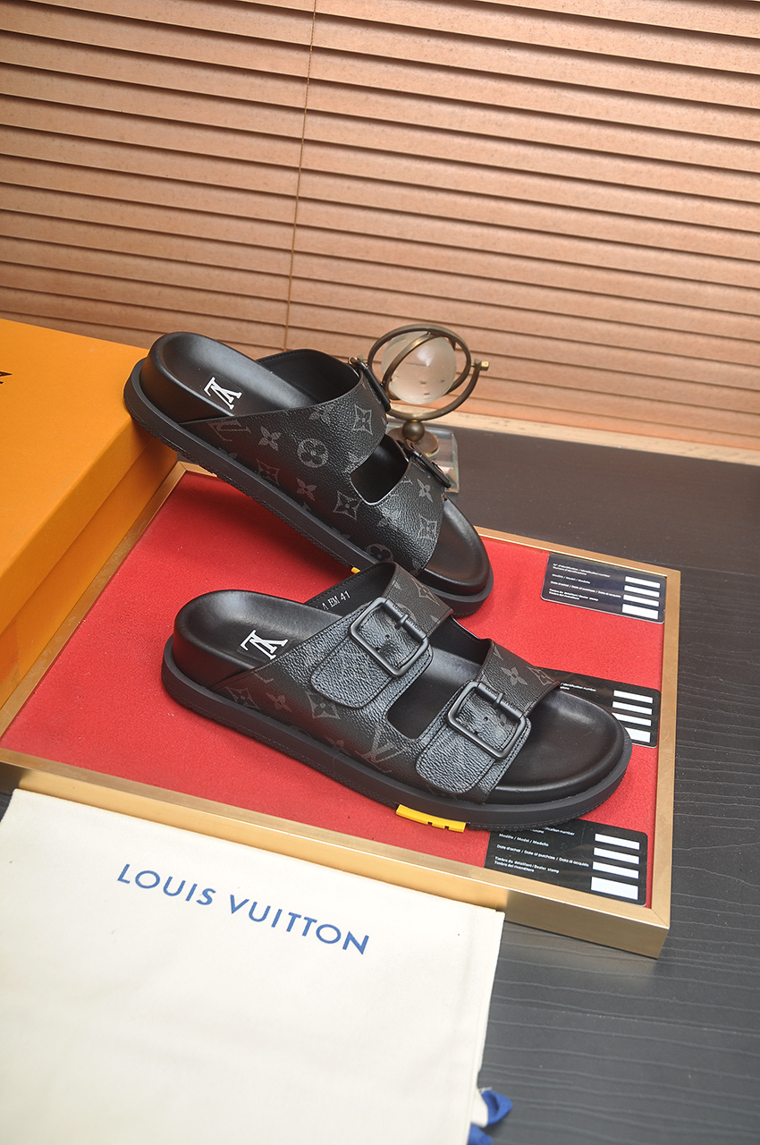Louis Vuitton Men's Black Leather Monogrammed Sandals Slides Summer 6 i1746725421067 2568 0 4
