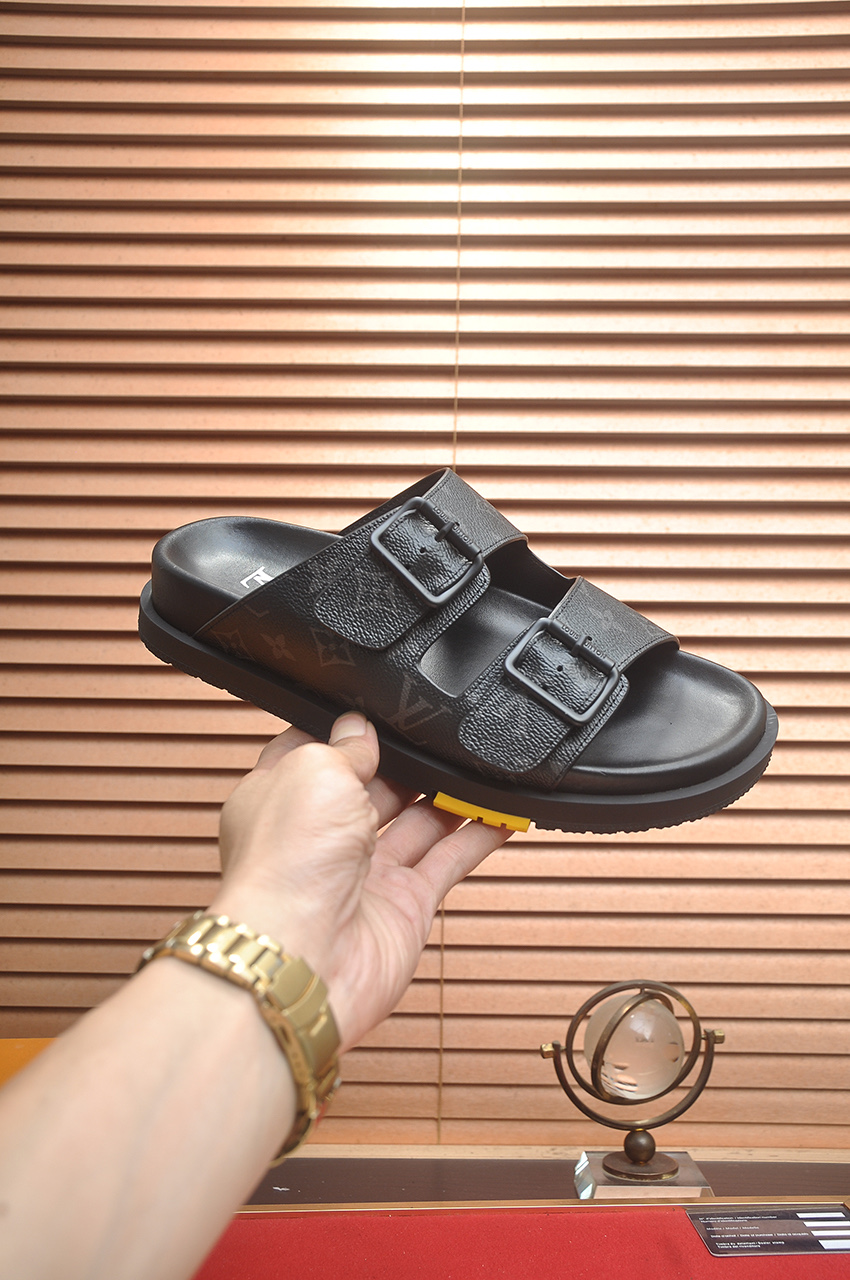 Louis Vuitton Men's Black Leather Monogrammed Sandals Slides Summer 5 i1746725421103 5712 0 3