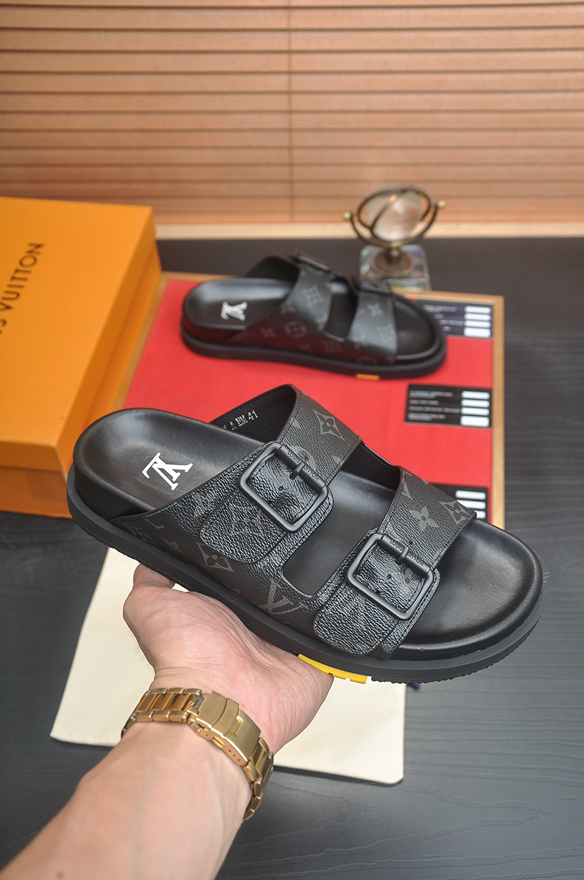 Louis Vuitton Men's Black Leather Monogrammed Sandals Slides Summer 7 i1746725421104 7878 0 5