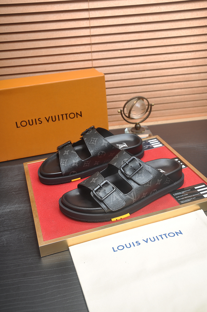 Louis Vuitton Men's Black Leather Monogrammed Sandals Slides Summer 4 i1746725421107 7147 0 2