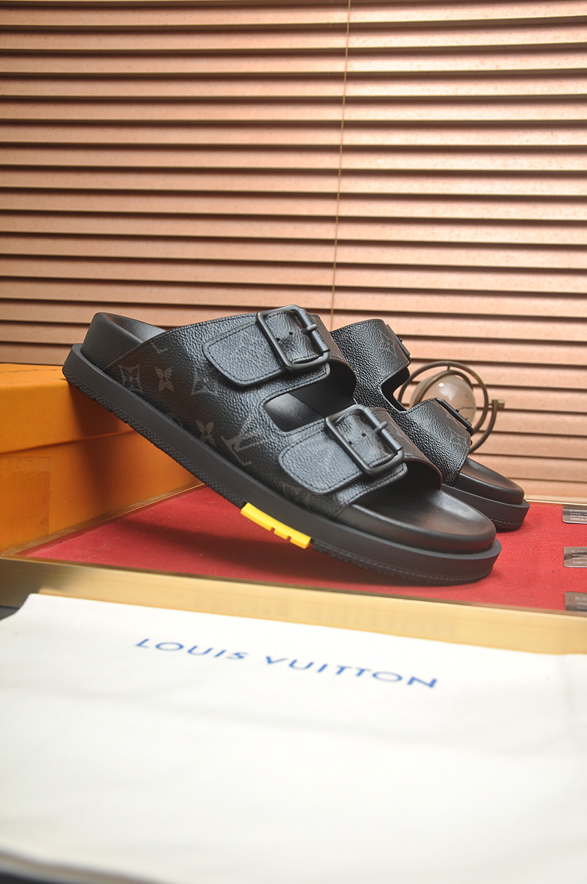 Louis Vuitton Men's Black Leather Monogrammed Sandals Slides Summer 3 i1746725421656 8070 0 1