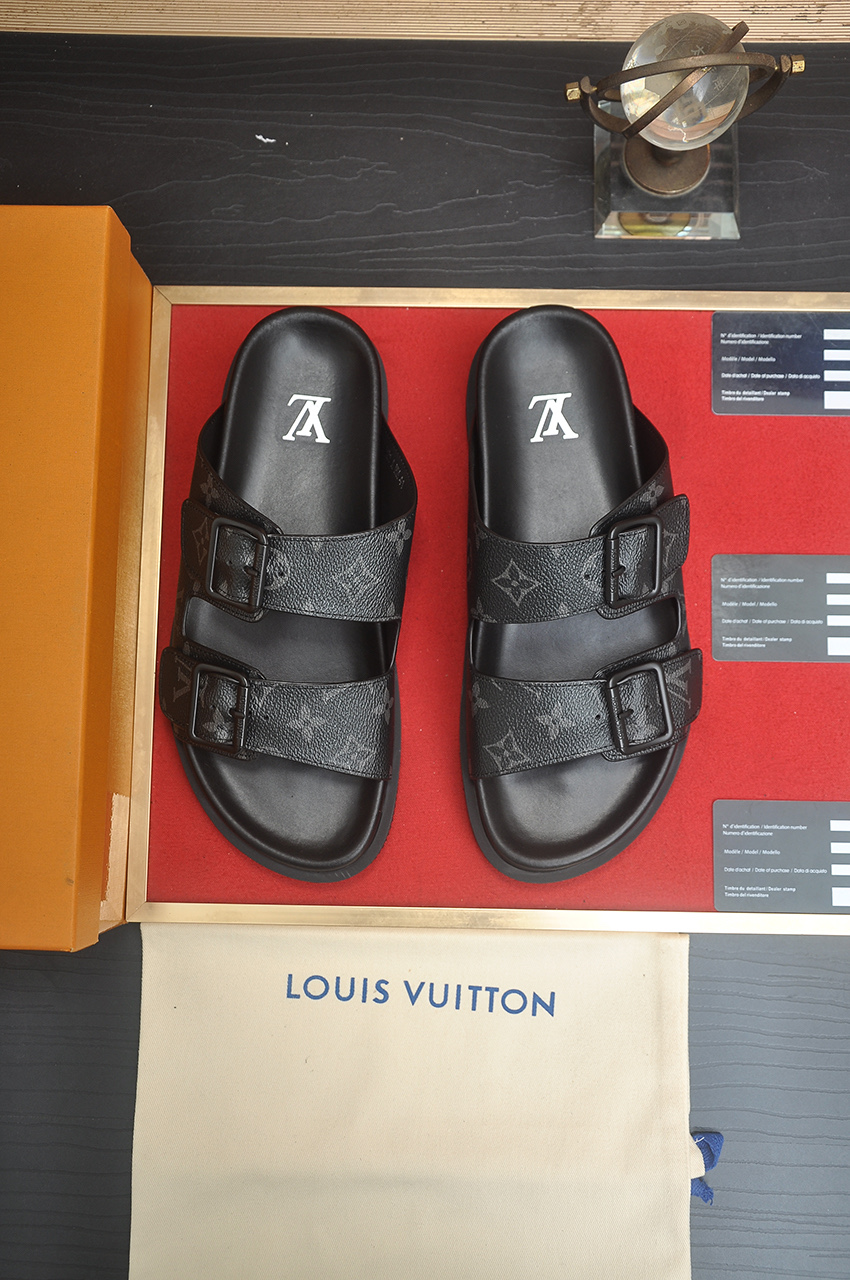 Louis Vuitton Men's Black Leather Monogrammed Sandals Slides Summer 2 i1746725421668 1343 0 0
