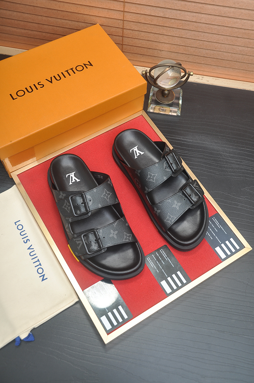 Louis Vuitton Men's Black Leather Monogrammed Sandals Slides Summer 10 i1746725421689 5610 0 8