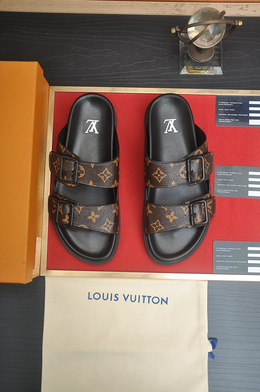 Louis Vuitton Men's Monogram Leather Sandals Slides, Summer Style 1 Louis Vuitton Men's Monogram Leather Sandals Slides, Summer Style